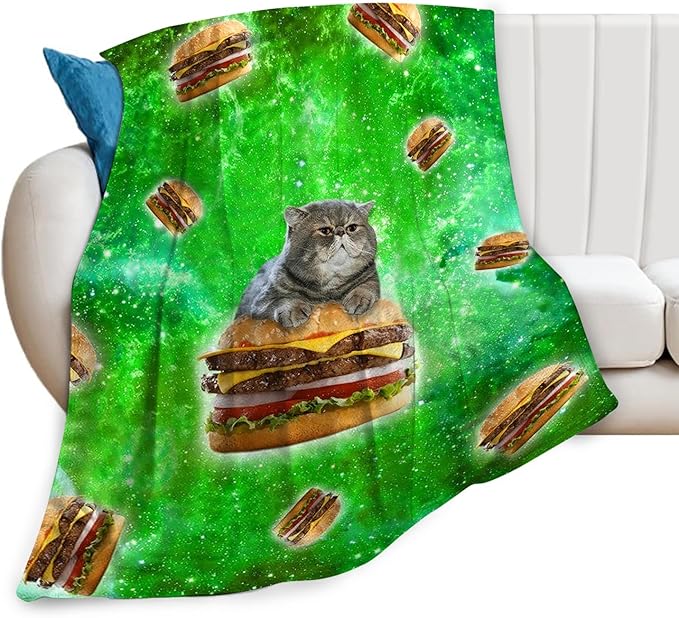 Tijuboni Hamburger Cat Throw Blanket Funny Cat Gifts for Girls Boys Women Men Kids Adults Soft Flannel Fleece Blanket for Couch Sofa Bed Home Decor 50"x60"