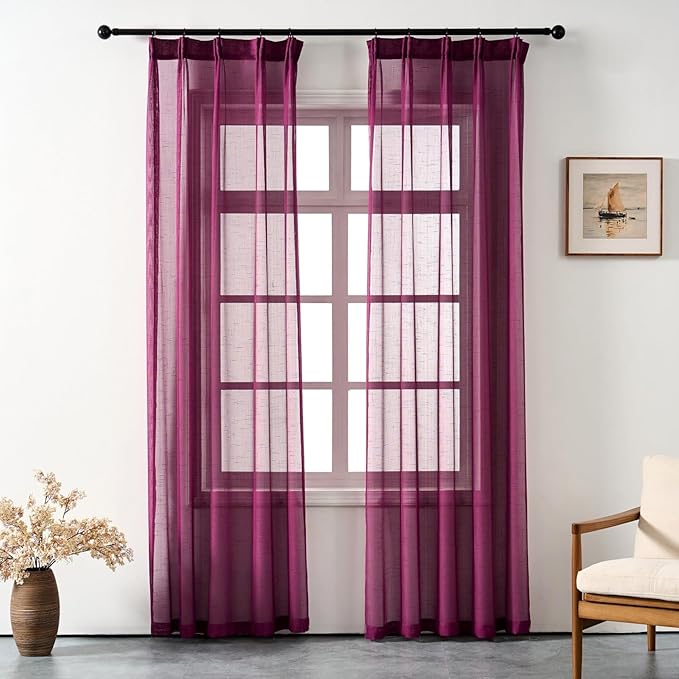 Plum Purple Curtains Sheer 108 Inches Long, Dark Linen Look Textured Light Filtering Drapes, Rustic Eggplant Transparent Window Decor, Floor to Ceiling Pinch Pleat Curtain with Hooks