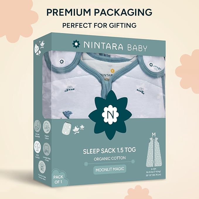 1.5 TOG Sleep Sack - Premium Organic Cotton, Soft, Breathable, Wearable Blanket for Newborns, Infants & Toddlers (6-12 Months), Unisex Baby Sleeping Bag, Gifts for Babies