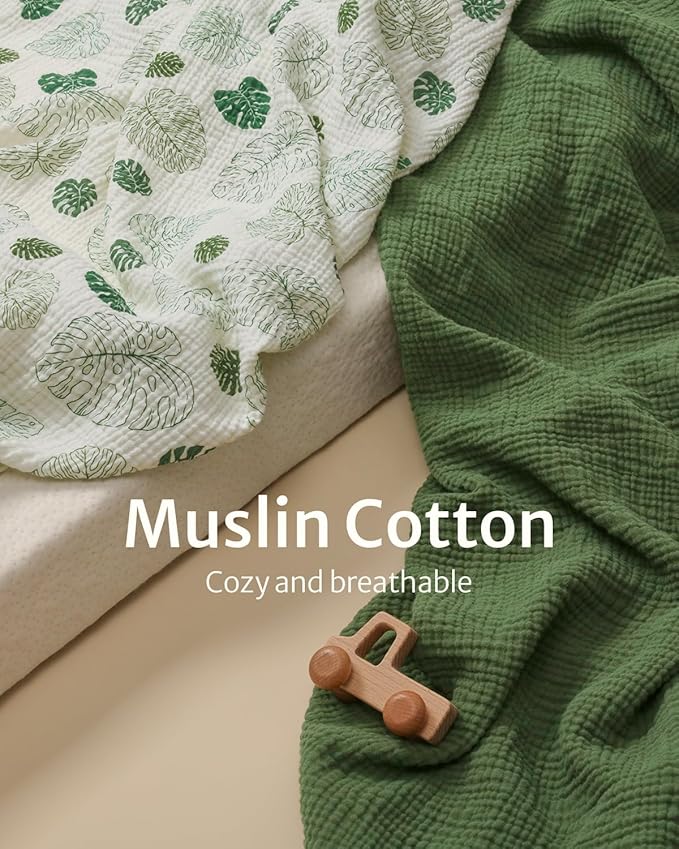 Blissful Diary Muslin Changing Pad Cover for Girls Boys, Ultra Soft Breathable Cotton, Baby Diaper Change Table Pad Covers, 2Pack (Monstera Leaves&Dark Green)