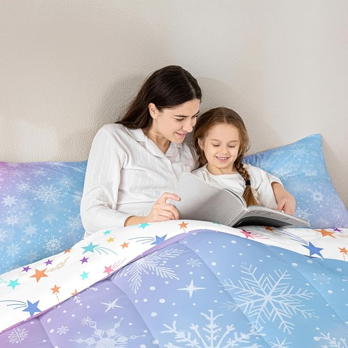 Feelyou Christmas Comforter Set All Season Winter Snowflake Bedding Set with 1 Pillow Cases Blue Purple Gradient Microfiber Kids Toddler Bedclothes Bedroom Decor Duvet Quilt Breathable Soft