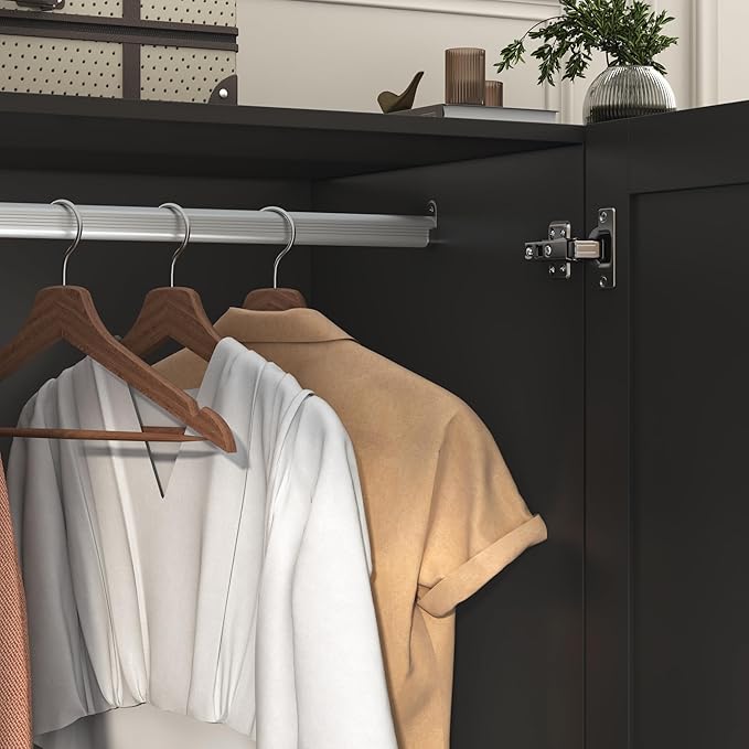 4 Doors Armoire Wardrobe Closet with 3 Drawers & Mirror, Modern Wooden Bedroom Armoires with Hanging Rod Led Lights for Bedroom, Black