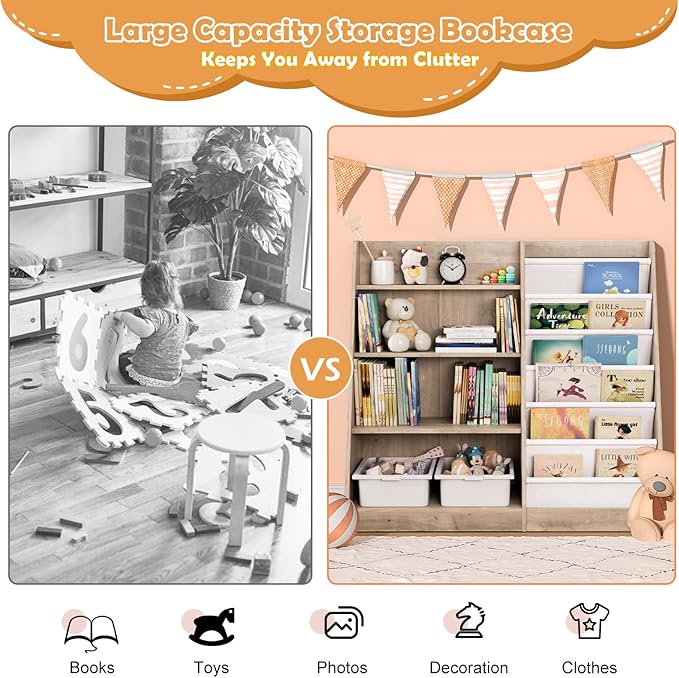 NACHES 4 Tier Kid Bookshelf Wooden 6 Sling Children Bookcase Toddler Montessori Book Rack Display Toy Storage Organizer Adjustable Book Shelf Classroom Bedroom Nursery Playroom (Grey Wood, Large)