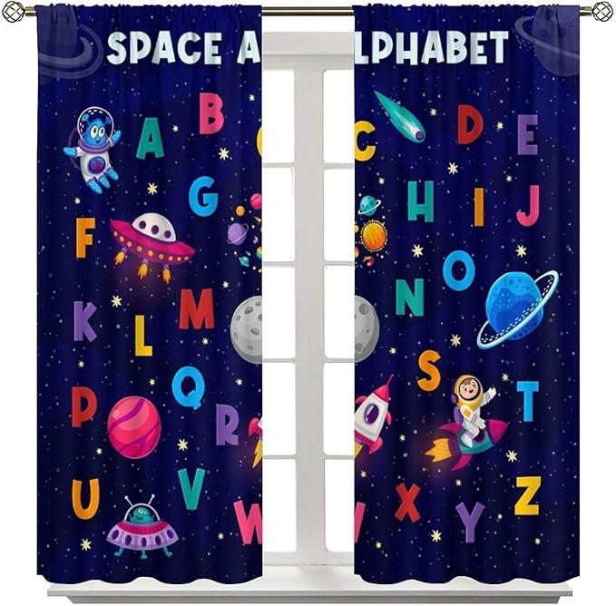Alphabet Curtains Kids Outer Space Cartoon Universe Planet Educational Learning Curtain with Rod Pocket for Bedroom Nursery Decor Drapes Window Treatments 2 Panels Set 63" W X 72" L