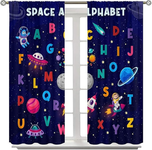 Alphabet Curtains Kids Outer Space Cartoon Universe Planet Educational Learning Curtain with Rod Pocket for Bedroom Nursery Decor Drapes Window Treatments 2 Panels Set 63" W X 63" L