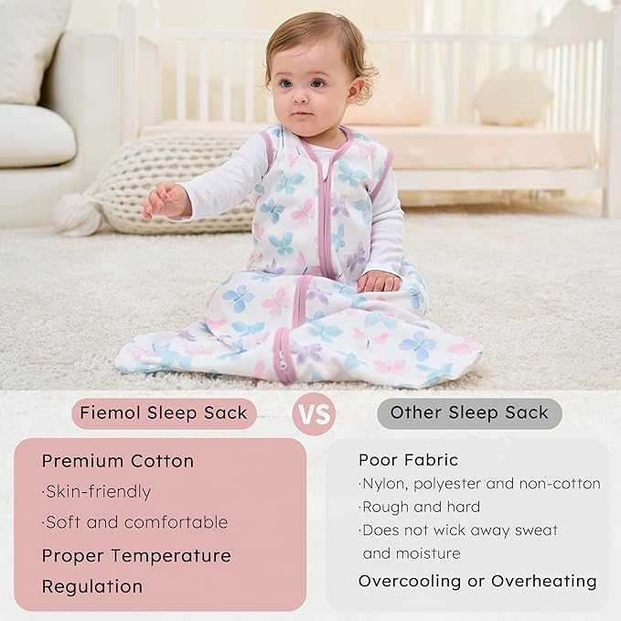 Baby Sleep Sack 0-6 months, 100% Cotton Sleeping Sack for Newborn and Infant, 3 Pack Baby Wearable Blanket, 0.5 Tog Lightweight Double Zipper Sleep Bag Small Pink Butterfly Flower
