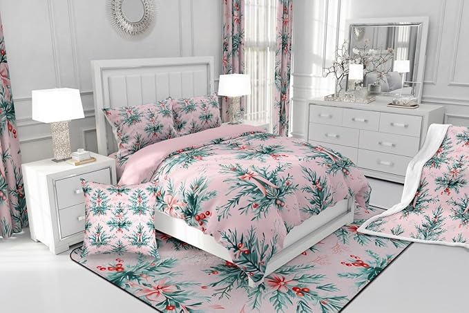 Feelyou Merry Christmas Kids Comforter Set Full Size Green Xmas Tree Bedding Set Pink Bow Duvet Quilt for Kids Boys Girls Bedroom Decor Microfiber Ultra Soft Breathable