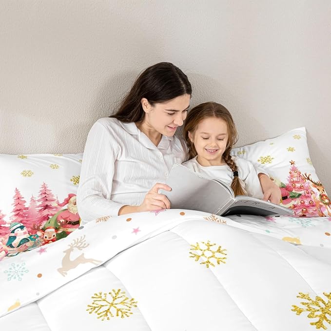 jejeloiu Merry Christmas Comforter Set Toddler Size Santa Claus Bedding Set for Kids Boys Girls Cute Deer Duvet Quilt White Bedroom Decor