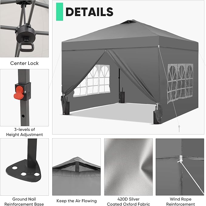 GDY 12x12 Pop Up Canopy Tent with 4 Sidewalls, Easy Set up with One Push Lift Outdoor Silver Coated Beach Gazebos, Carpas for Pool, Events, Parties, and Camping, Gray.