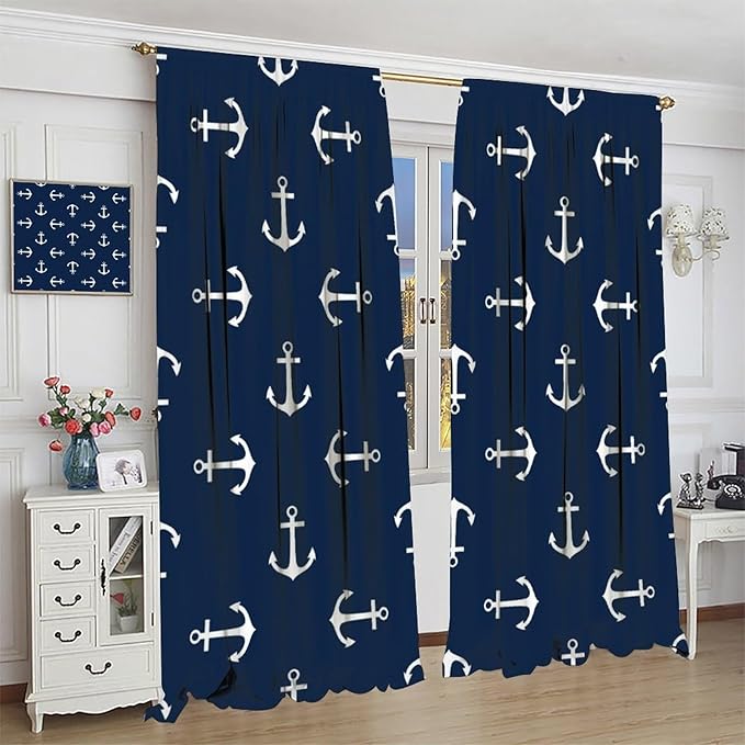Nautical Curtains,MarineThemed Oceanic Anchor Pattern Blackout Print Home Bedroom Living Room Window Treatments 2 Panel Set 42x63 Inch