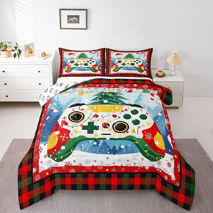 Gamer Gaming Comforter Set Twin Size,Christmas Tree Snowflake Bedding Set for Kids Boys Girls Room Decor,Video Games Christmas Theme Quilt Set 2Pcs,Red Green Plaid Xmas Duvet Insert,1 Pillowcase