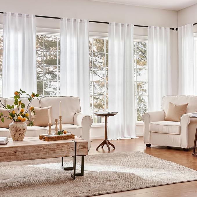jinchan Linen Curtains with Privacy Lining 108 Inch Length White Farmhouse Closet Lined Drapes for Small Narrow Window Bedroom Living Room Bay Window 2 Panels Rod Pocket Back Tab