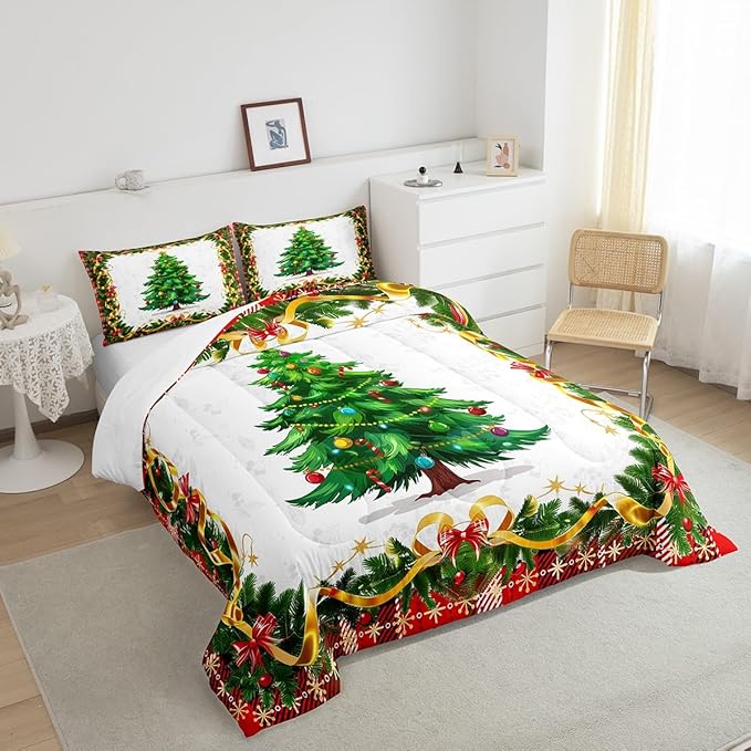 Christmas Tree Comforter Set Queen Size,Merry Christmas Bedding Set for Kids Boys Girls Room Decor,Snowflake Bowknot Green Pine Leaves Duvet Insert 3Pcs,Xmas Plaid Patchwork Quilt Set,2 Pillowcases