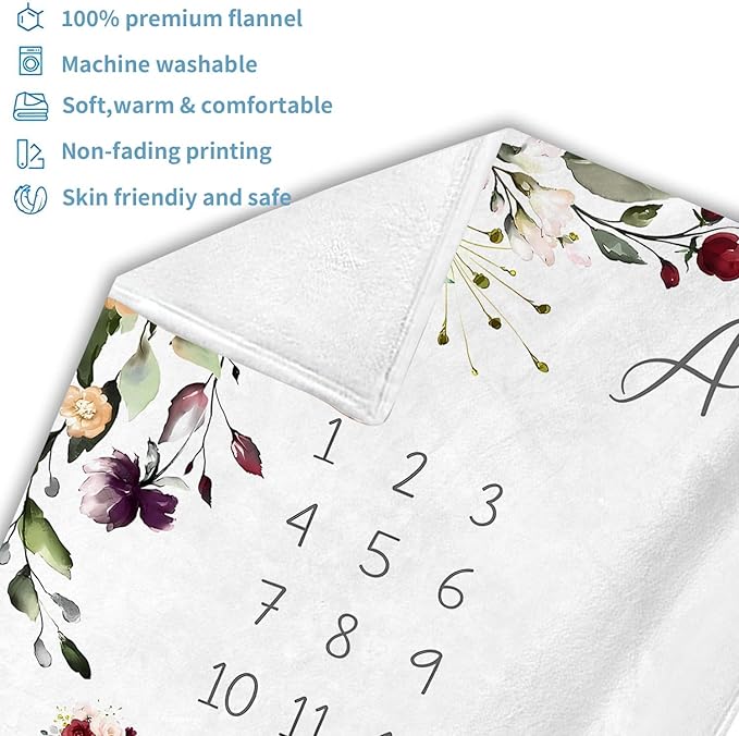 OLIVE OLIVIA Personalized Monthly Baby Milestone Blanket, Baby Months Blanket, Perfect Custom Newborn Gifts,30"x40"