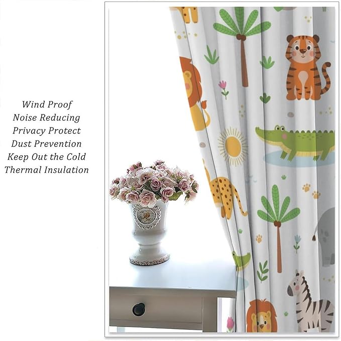 Cartoon Animal Curtains, Safari Woodland Jungle Forest Wildlife Blackout Window Treatments, Rod Pocket Thermal Insulated Drapes 2 Panel Sets for Kids Bedroom Nursery Classroom, 55" W X 63" L