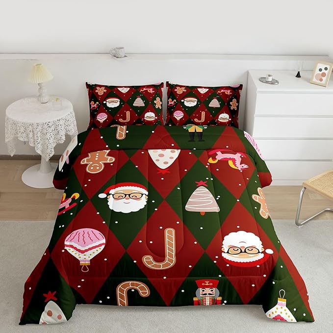 Feelyou Merry Christmas Bedding Set Soft for Boys Girls, Santa Claus Comforter Set Toddler Size Xmas Tree Nutcracker Soldier Duvet Quilt Gingerbread Man Bedroom Decor 2 Pcs with 1 Pillow Cases