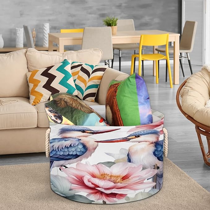 Watercolor Bird Flower Round Storage Basket for Laundry & Toys, Lightweight Fabric Laundry Hamper with Handles, Foldable Large Organizer Bin for Bedroom Bathroom Nursery Dorm