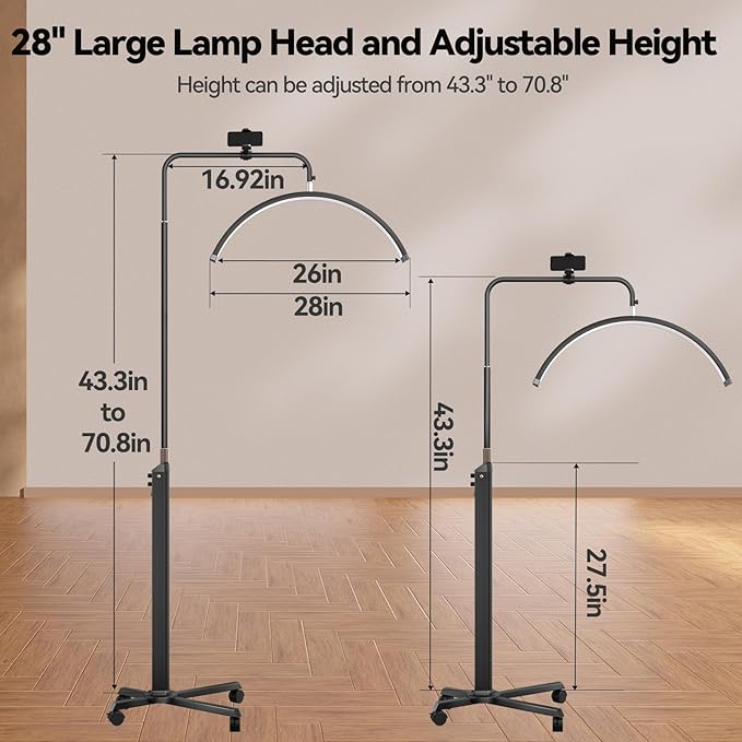 Lash Light, Upgraded 28'' Large Half Moon Light for Lash Tech, Nail Tech, Tattoo Artists and Estheticians, LED Moon Lamp with Knob Control & LCD Display, Lockable Wheel Base and Phone Holder