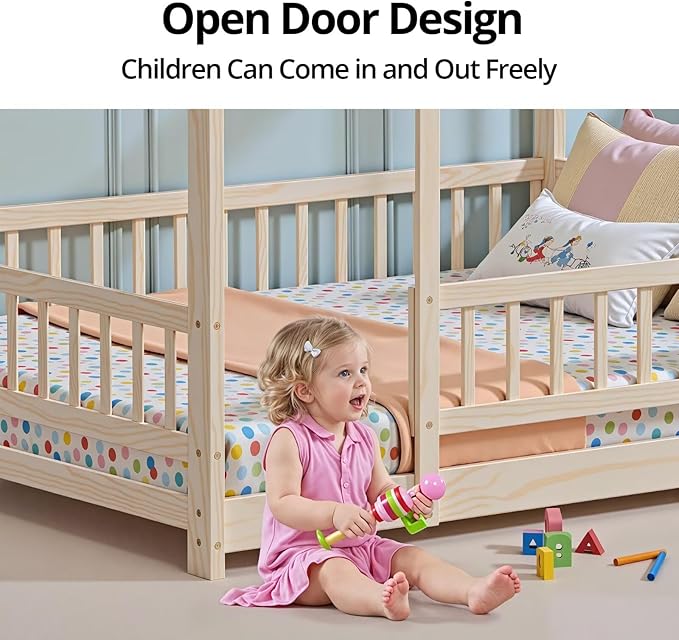 LLS Queen Size Montessori Floor Bed Frame with Slats and Fence, Wooden House Bed for Boys Girls Bedroom, Natural