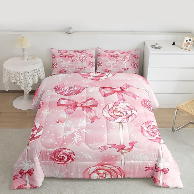 Feelyou Pink Bow Comforter Set Twin Size Pink Lollipops Bedding Set for Kids Boys Girls Watercolor-Style Duvet Quilt Xmas Snowflake Bedroom Decor Christmas Microfiber 2 Pcs with 1 Pillow Cases