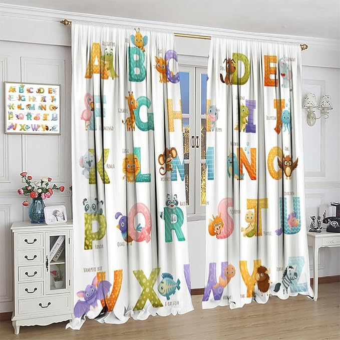 Kids Alphabet Curtains Educational Baby Cartoon Animals Colorful Cute Curtain with Rod Pocket for Nursery Living Room Home Decor Drapes Window Treatments 2 Panels Set 42x54 Inch