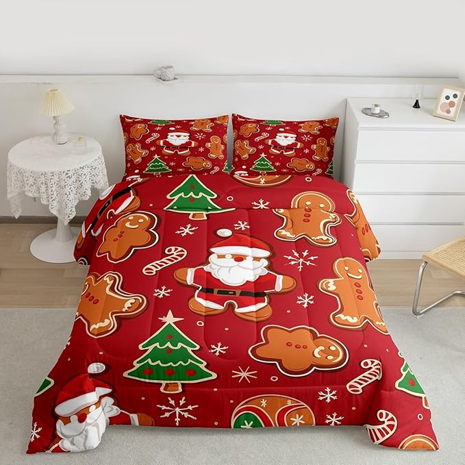 Feelyou Christmas Kids Comforter Set King Size Santa Bedding Set Gingerbread Man Duvet Quilt for Kids Boys Girls Bedroom Xmas Tree Snowflake Decor Microfiber Ultra Soft Breathable