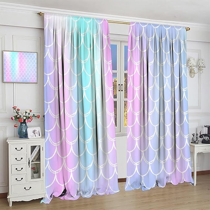 Fantasy Mermaid Curtain Rainbow Mermaid Scales Purple Pink Blue Ocean Theme Dream Blackout Window Treatment for Kids Boys Girls Bedroom Nursery Room Decor Rod Pocket Window Drapes 55x63in