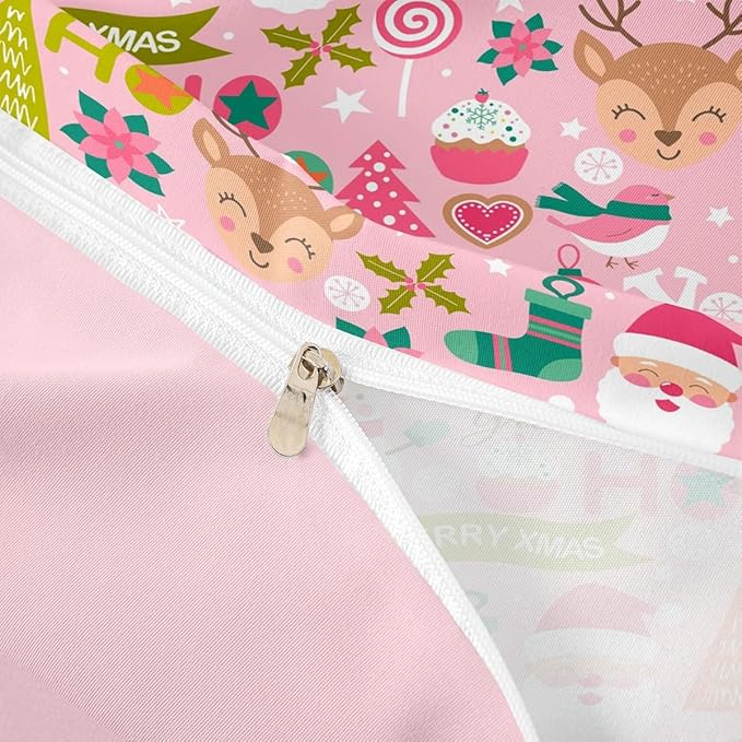 Feelyou Kids Pink Merry Christmas Bedding Set Full Merry Christmas Tree and Snowman Duvet Cover for Bedroom Decor Xmas Comforter Cover Set Snowflake Holiday Bedspread Cover with 2 Pillow Case