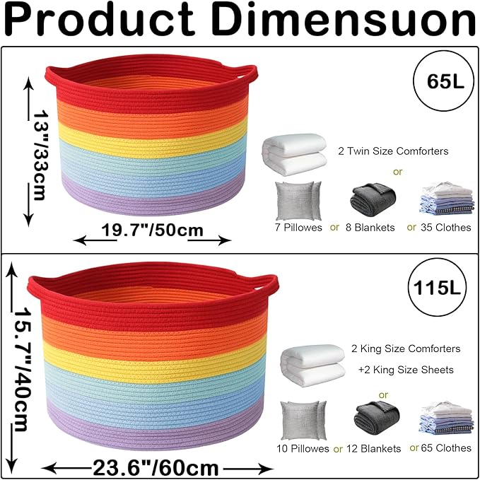 Large Blanket Basket for Organizing,115L Closet Organizers and Storage Bins Box for Shelves Woven Rope Storage Baskets,Living Room,Bedroom,Dorm,Laundry room (Rainbow)