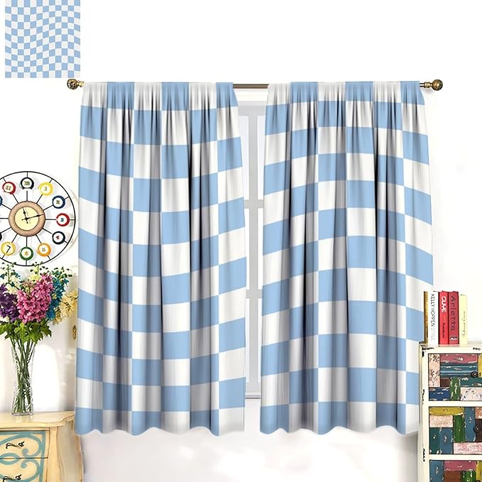 Blue Checkered Curtains,70s Vintage Twisted Checkered Window Drapes Colorful Groovy Trendy Wavy Hippie Grid Print Window Treatments for Kids Girls Bedroom Living Room 52" W X 84" L