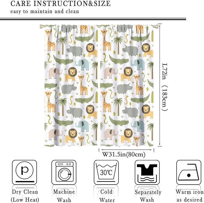 Nursery Safari Animals Window Curtains,Cartoon Woodland Jungle Forest Lion Elephant Giraffe Printed Pattern Blackout Drapes for Living Room Baby Boy Kids Bedroom 63x72in