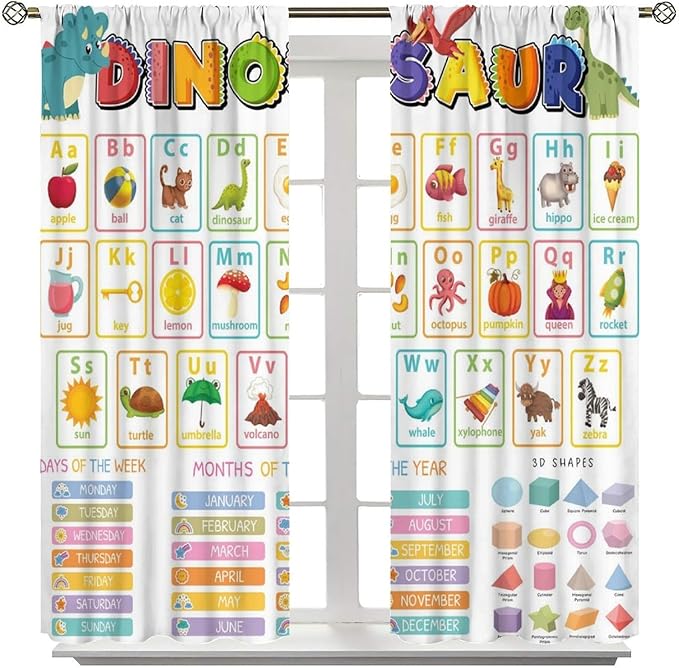 Funny Kids Alphabet Curtain, Cartoon Animal Alphabet Learning Dinosaur Boys Kids Students Baby Educational Colorful Blackout Window Treatments for Bedroom Living Room School 72" W X 63" L