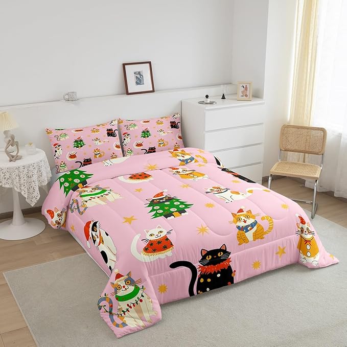 Erosebridal Christmas Decor Quilts Cute Cats Comforter Set Full Size for Kids Boys Girls Bedroom Xmas Tree Bedding Set Cartoon Animal Down Comforter with 2 Pillow Cases