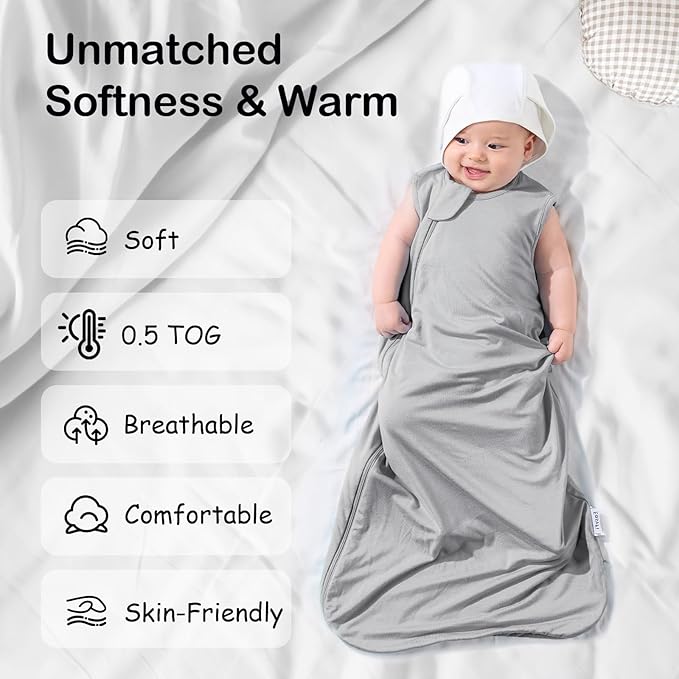 Supersoft Rayon Made from Bamboo Sleep Sack 6-12 Months 0.5 Tog Lightweight Toddler Sleep Sack Baby Wearable Blanket with 2-Way Zipper Summer Unisex Sleeping Bag for Babies (2 Pack) Pink & Gray