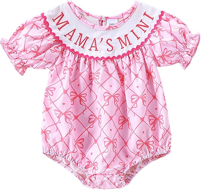 Newborn Baby Girl Romper Mamas Mini Bow Plaid Print Puff Sleeve Smocked Bubble Romper Jumpsuit Bodysuit Clothes