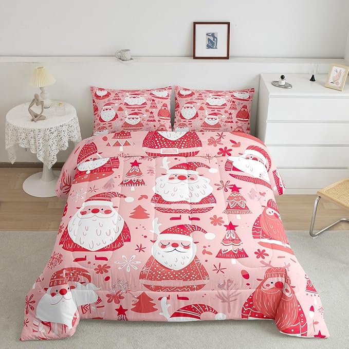 Feelyou Cute Santa Claus Bedding Set for Kids Boys Girls King Size Christmas Comforter Set Ultra Soft Winter Comforter Xmas Tree Duvet Quilt Bedroom Decor Christmas Decorations Quilt