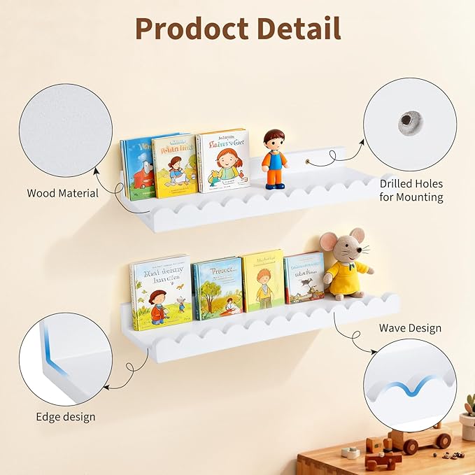LinTimes Nursery Book Shelves, Set of 4 White Floating Scalloped Shelves for Wall, Rustic Wood Wall Mounted Shelves for Kids Bedroom, Toddler Room, Baby Room Decor, 7.94Lbs Capacity, 16.5 inch