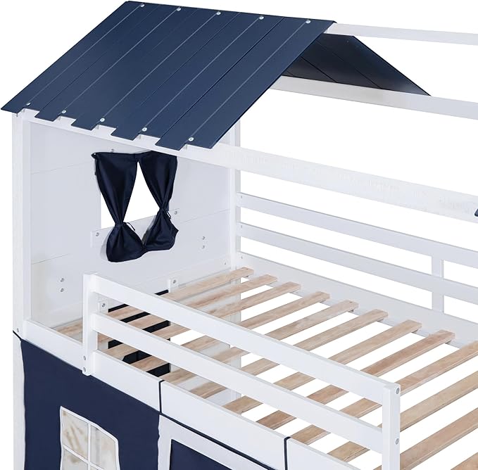Full Size House Bunk Bed with Elegant Windows and Sills, Solid Wood Tent Bed Frame with Guardrails for Kids Teens Boys Girls, Versatile Spacious Under Bed Space with Curtains (White+Blue C)