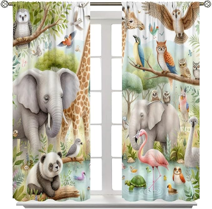 Kids Animals Curtain Cartoon Western Wildlife Flamingo Elephant Giraffe Window Treatment for Baby Children Bedroom Living Room 55" W X 63" L