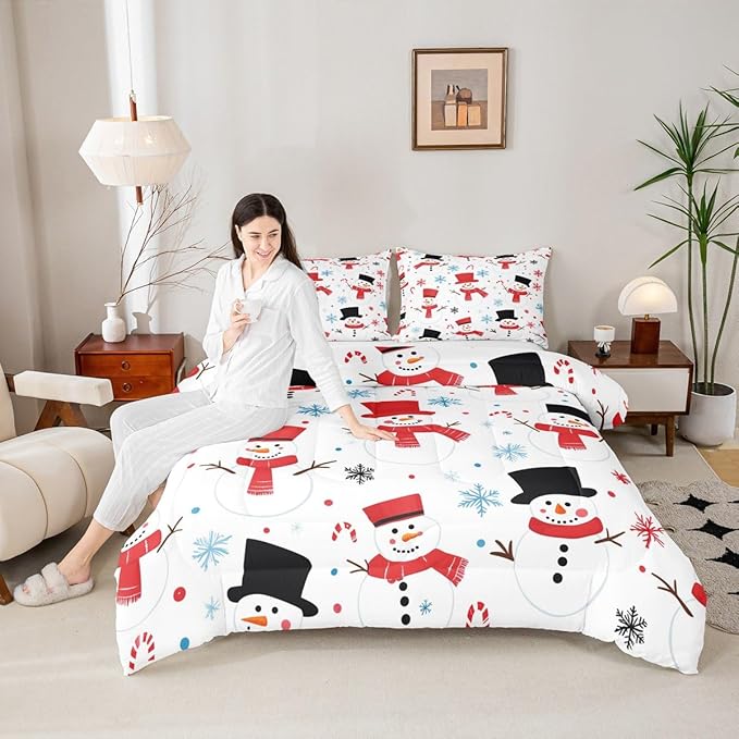 Feelyou Merry Christmas Comforter Set All Season Snowman Bedding Set with 1 Pillow Cases Winter Holiday Microfiber Kids Toddler Bedclothes New Year Gift Bedroom Decor Duvet Quilt Soft Lightweight