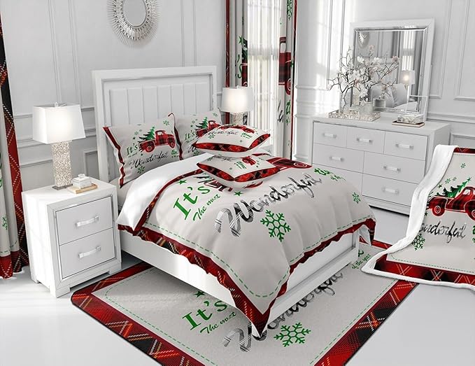 Manfei Xmas Truck Duvet Cover Set King Size, Christmas Tree Snowflake Print Bedding Set 3pcs for Kids Boys Girls Bedroom Decor, Red Plaid Print Comforter Cover with 2 Pillowcases,No Comforter