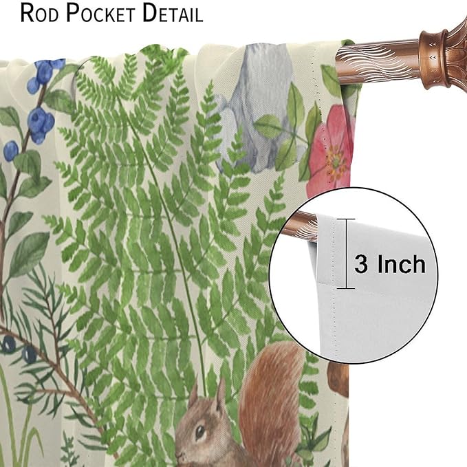 Forest Animal Curtains, Kids Rustic Wild Animal Window Treatments Watercolor Cute Woodland Fox Hedgehog Window Drapes for Nursery Toddler Bedroom 42x63in