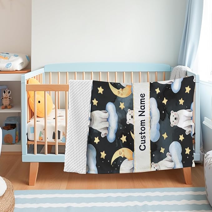 Custom Baby Blanket with Name, Double Layer Soft Dot Back Personalized Baby Blanket for Boys Girls, Polar Bear Blanket for Newborn Toddler, Customized Swaddle for Kids Birthday Gifts(47" x60)