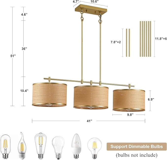 41" Dining Room Light Fixtures Over Table with 3-Light Island Lights for Kitchen,Boho Large Linear Chandelier,Gold Drum Woven Rattan Chandelier（Height Adjustable）