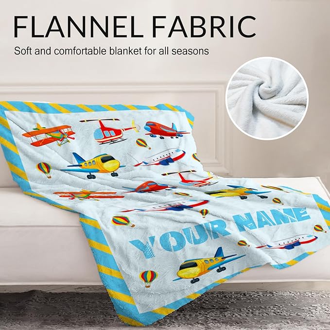 Personalized Cute Airplane Throws for Kids - 40" x 50" Inches Soft Cozy Throw Blanket Gift for Boys, Teens - Flannel Blankets for Crib, Couch, Sofa
