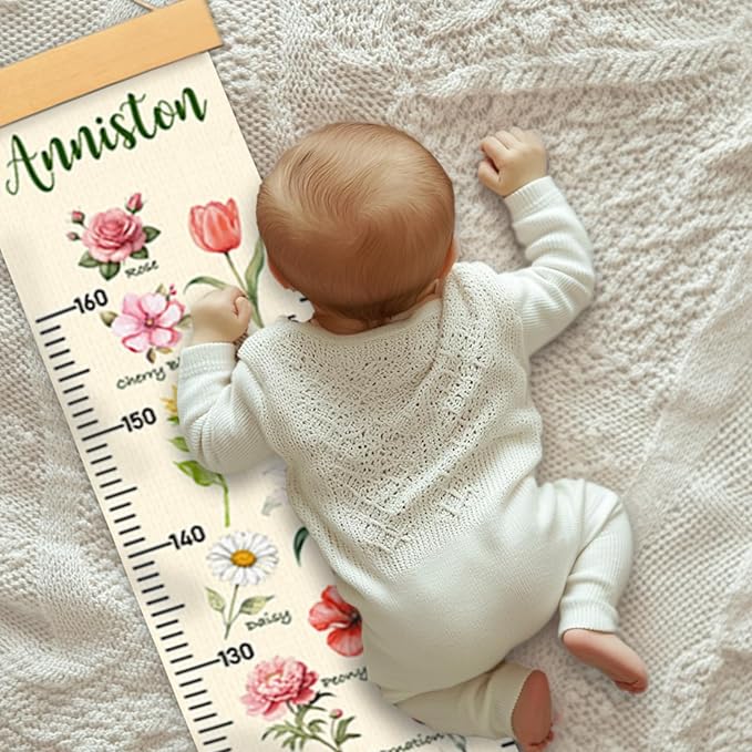 Personalized Name Height Chart for Kids, Kids Growth Chart for Wall, 59" X 7.9" Canvas Removable Height Chart Measuring Ruler for Kids & Baby(Paint Flowers-1）