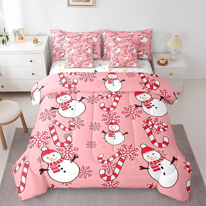 Christmas Kids Bedding Set Cartoon Snowman Comforter Set with Sheets for Boys Girls Snowflake New Year Decor Bed in a Bag Pink Xmas Theme Bed Set 7Pcs Queen Size