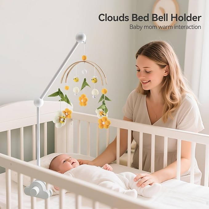 OESSUF Baby Crib Mobile Arm, 24 Inch Wood Hanger, White Cloud Design, Nursery Mobile Holder for Cot Bed (White)