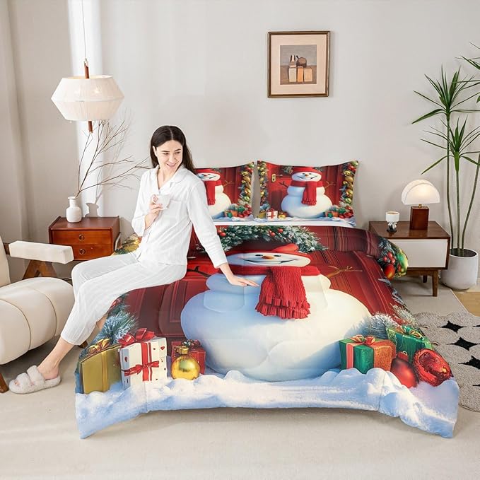 Feelyou Merry Christmas Kids Comforter Set Queen Size Cute Snowman Bedding Set Duvet Quilt for Kids Boys Girls Bedroom Snowflake Decor Microfiber Ultra Soft Breathable