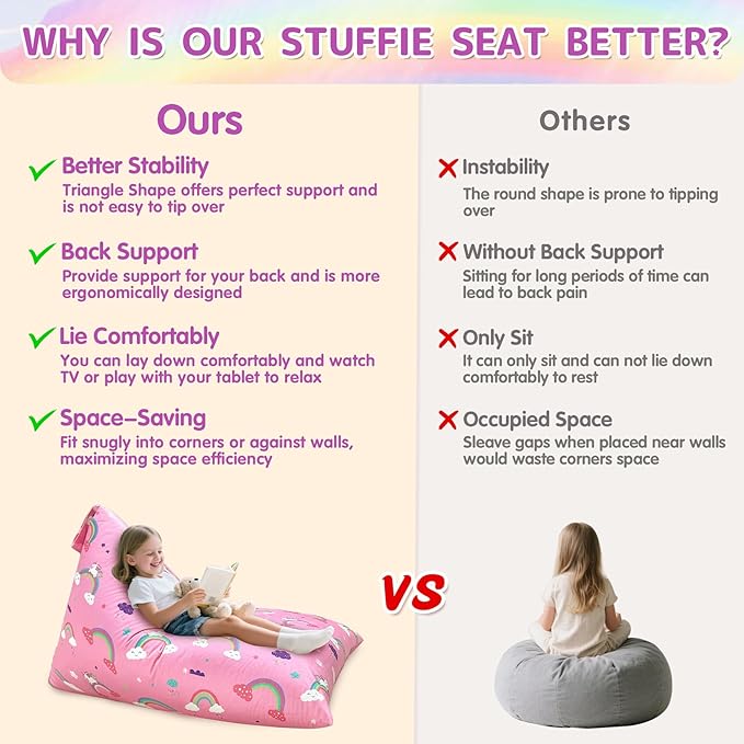 Jorbest Unicorns Stuffed Animal Storage Bean Bag Chair for Kids and Adults, Unicorns Rainbow Bean Bag Stuffed Animal Storage, Luxury Velvet Stuffie Seat - Cover ONLY (200 L/52 Gal, Rainbow)
